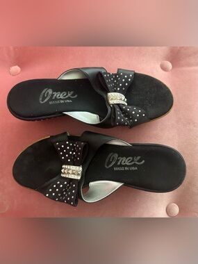 Onex Black Bow Slide Sandals with Crystal Embellishment